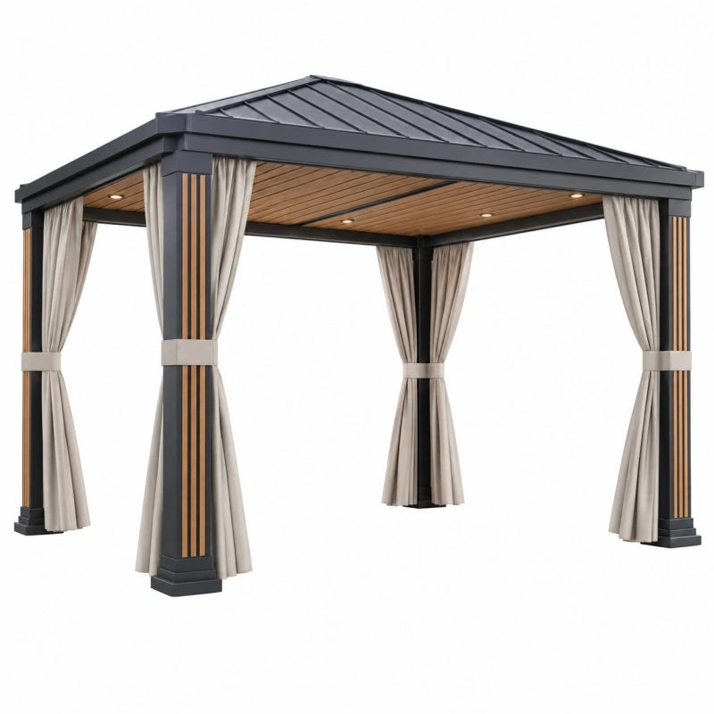 Pavillon 400 x 300 cm Metall Anthrazit mit Vorhängen und Metalldach