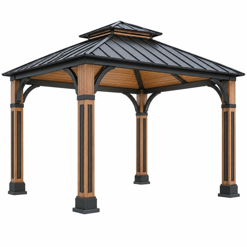 Pavillon 300 x 300 x 300 cm aus Stahl Schwarz Braun mit Metalldach für den Garten