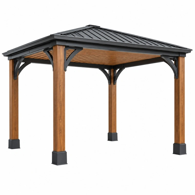 Gartenpavillon 300 x 300 x 280 cm Holzoptik Metall Schwarz mit festem Dach