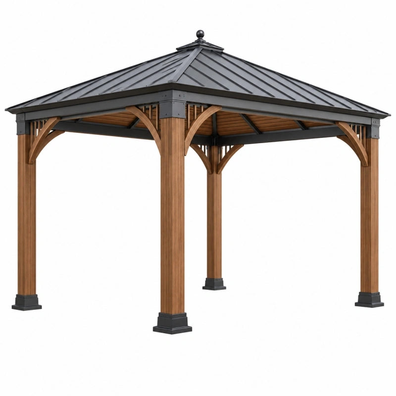 Gartenpavillon 300 x 300 x 300 cm aus Holz und Metall in Braun Schwarz mit festem Dach