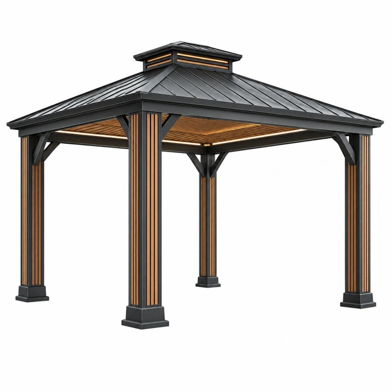 Pavillon 300 x 300 x 300 cm aus Metall Schwarz Braun mit Dach für Garten