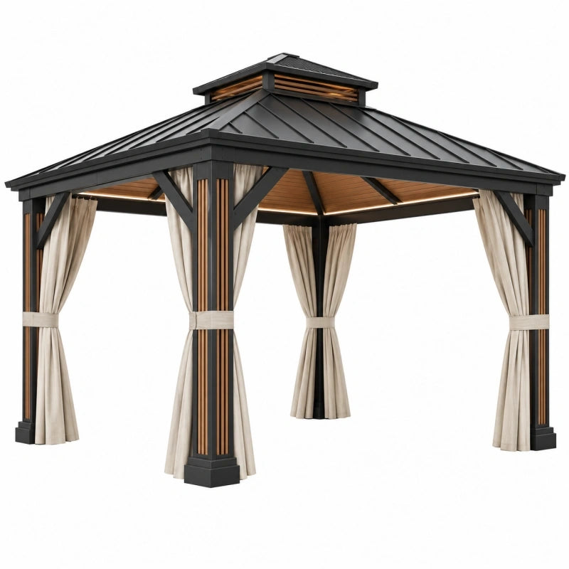 Gartenpavillon 300 x 300 cm Metall Schwarz mit Vorhängen für Außenbereich