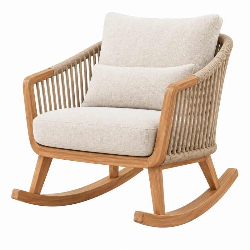 Schaukelstuhl 95 x 75 x 90 cm aus Holz und Seilgeflecht in Naturbeige mit Polsterung