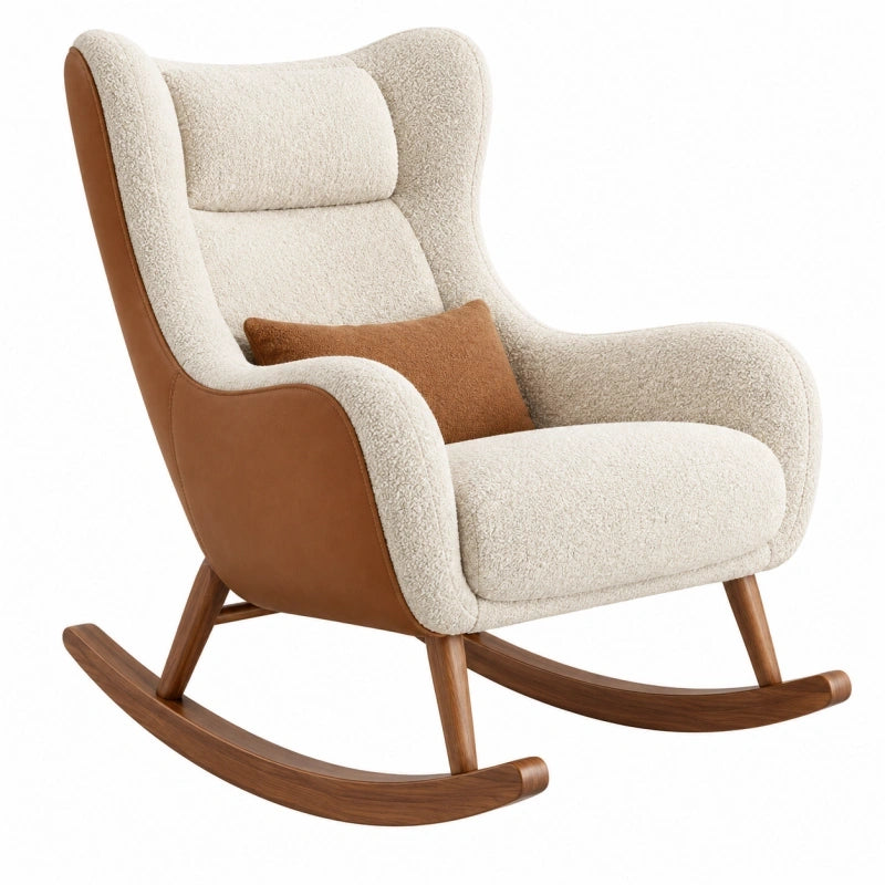 Schaukelstuhl 100 x 78 x 105 cm in Creme/Braun mit Bouclé-Bezug und Holzgestell