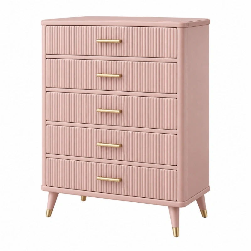Kommode 80 x 40 x 120 cm Rosé Holzwerkstoff mit 5 Schubladen geriffelter Front