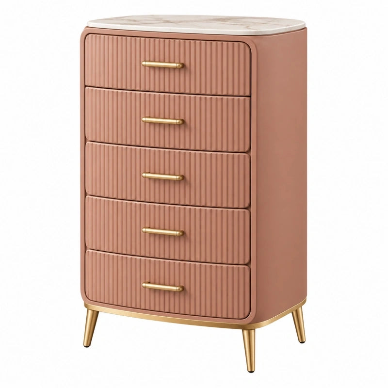 Kommode 80 x 45 x 120 cm aus Holzwerkstoff Rosa mit fünf Schubladen und geriffelter Front