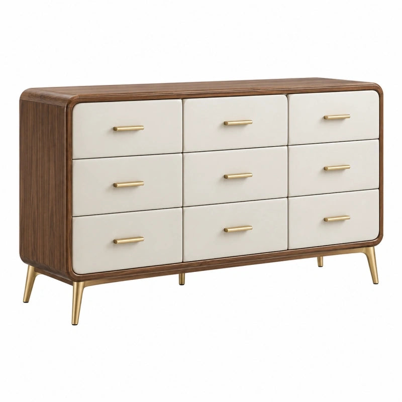 Kommode 140 x 45 x 80 cm aus Holzwerkstoff in Nussbraun Creme mit 9 Schubladen im Retro-Stil