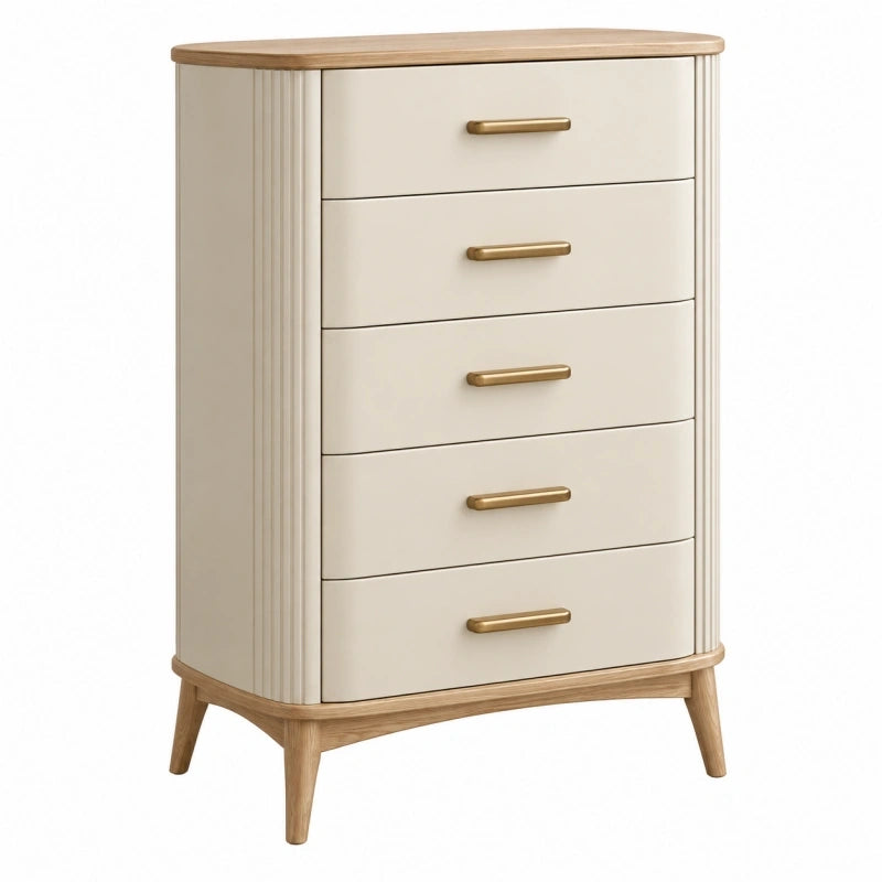 Kommode 80 x 40 x 110 cm in Creme und Naturholz mit fünf Schubladen