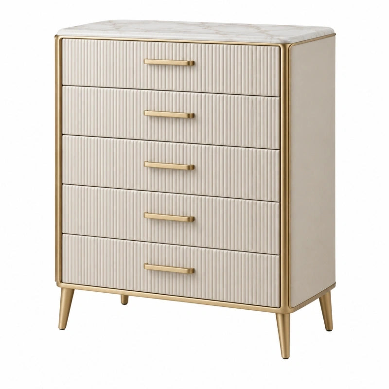 Kommode 80 x 40 x 110 cm Elfenbein Gold mit 5 Schubladen und Marmoroptik