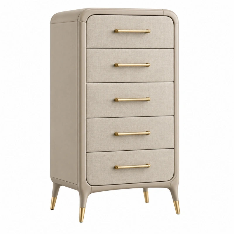 Kommode 60 x 45 x 120 cm in Beige mit Textilfront und fünf Schubladen