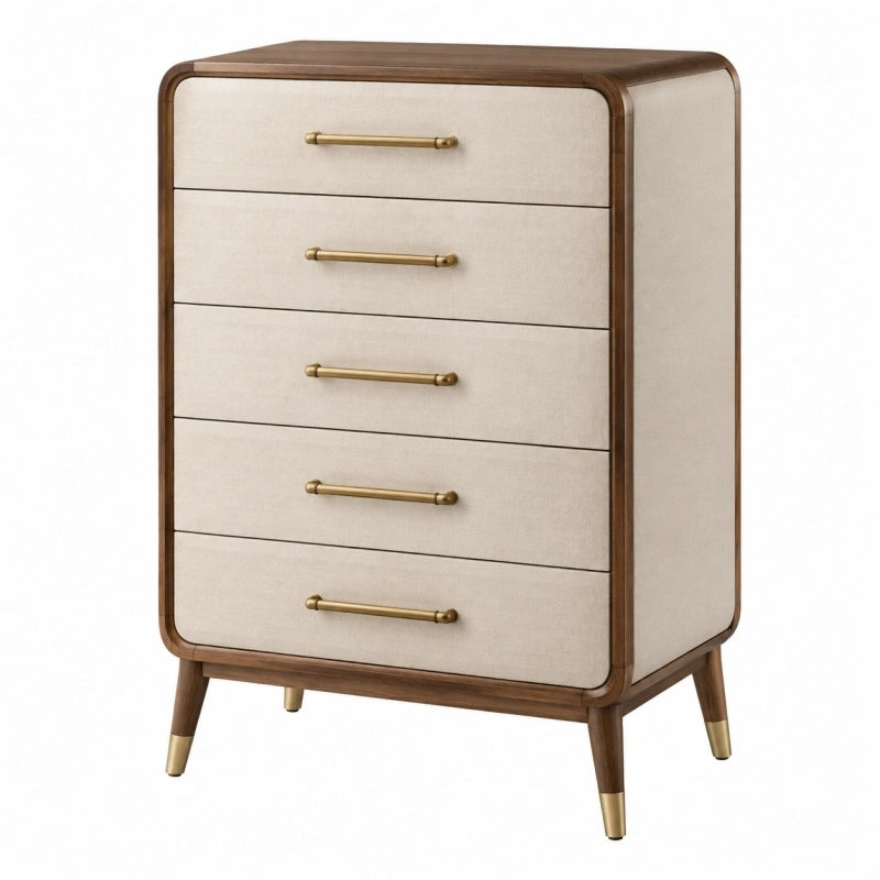 Kommode 80 x 45 x 120 cm mit fünf Schubladen Holz Textil Beige Braun Retro