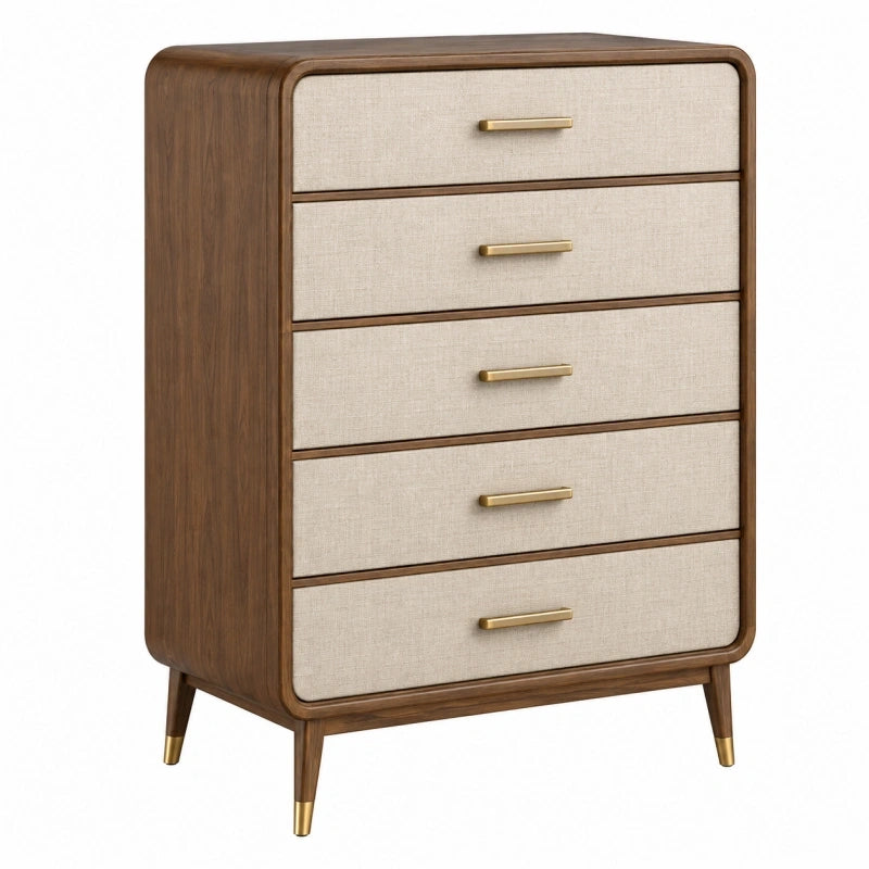 Kommode 90 x 45 x 130 cm aus Holz in Walnussbeige mit fünf Schubladen im Mid-Century-Stil