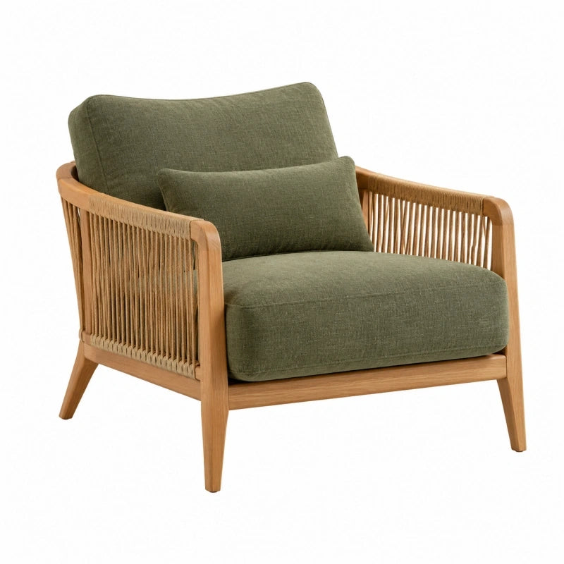 Sessel 76 x 80 x 80 cm aus Holz Textil und Seilgeflecht in Olivgrün Natur - Loungesessel