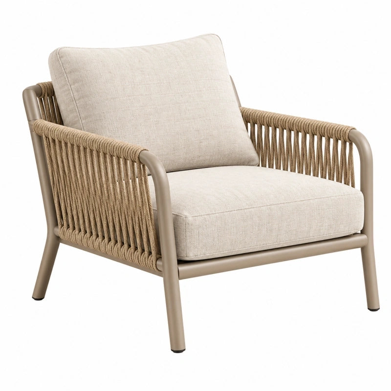 Lounge-Sessel 76 x 82 x 82 cm mit Metallgestell Seilgeflecht und Stoffbezug Beige