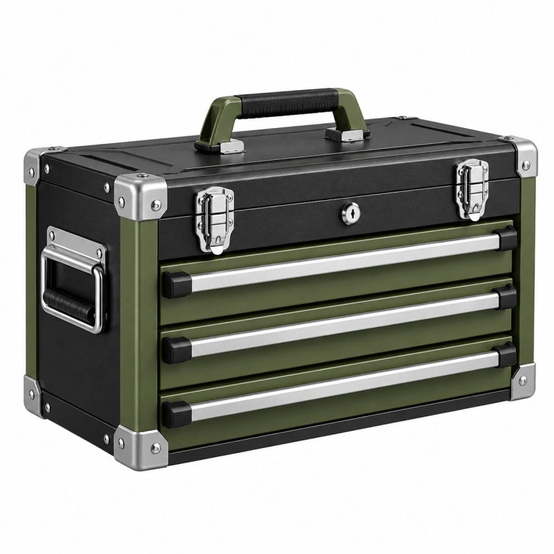 Werkzeugkasten 52 x 26 x 32 cm aus Metall Grün Schwarz mit 3 Schubladen