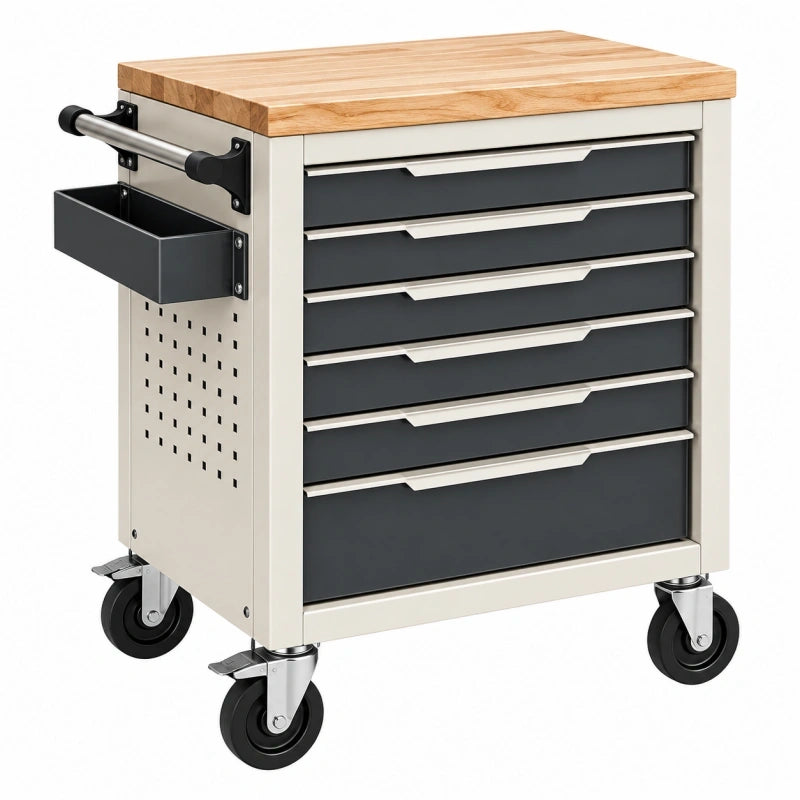 Werkzeugwagen 77 x 46 x 97 cm Metall Holz Schwarz Creme Mobil mit 6 Schubladen
