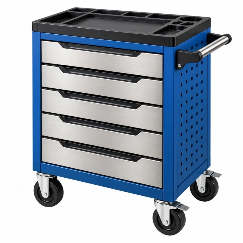 Werkzeugwagen 77 x 46 x 97 cm aus Stahl Blau Schwarz mit 5 Schubladen und Rollen