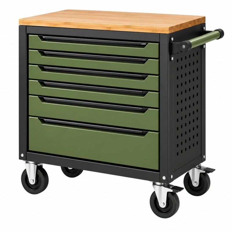 Werkzeugwagen 77 x 46 x 97 cm aus Stahl und Bambus Grün Schwarz mit 6 Schubladen