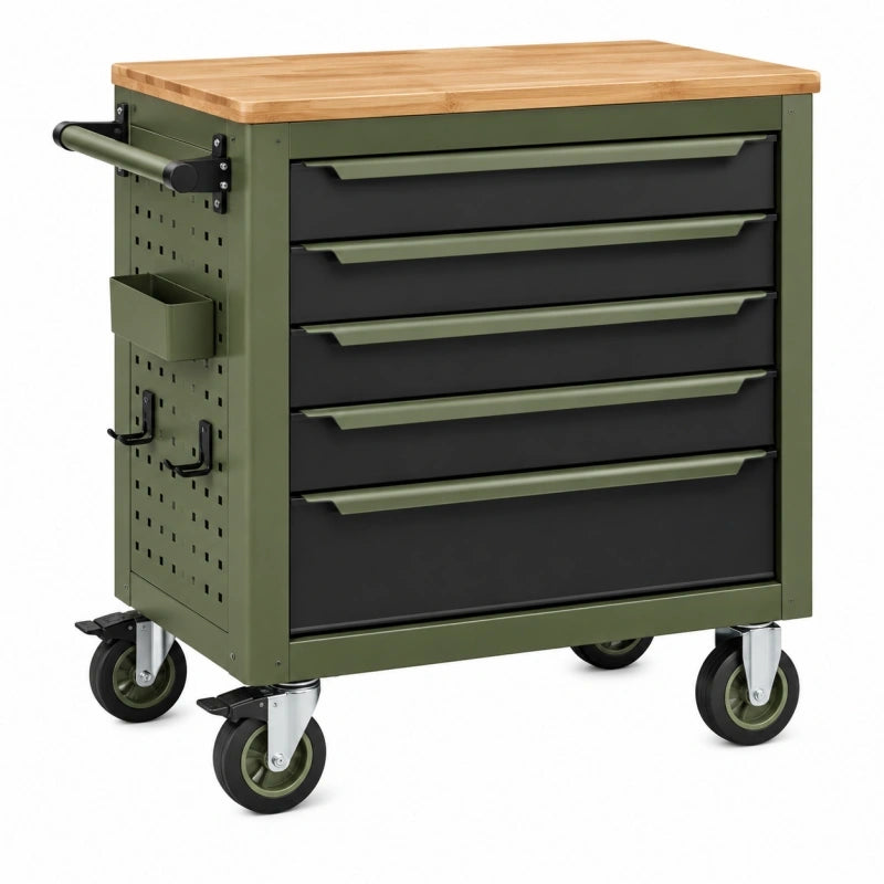 Werkstattwagen 85 x 46 x 90 cm aus Stahl und Holz in Grün Schwarz mit 5 Schubladen