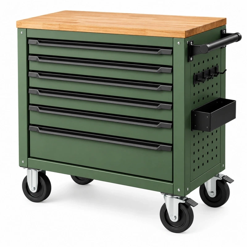 Werkzeugwagen 77 x 46 x 95 cm aus Stahl in Grün mit Bambus-Arbeitsplatte und 7 Schubladen