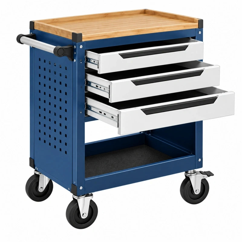 Werkstattwagen 80 x 45 x 90 cm aus Stahl mit Holzplatte und 3 Schubladen