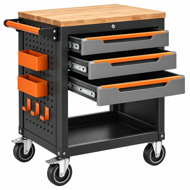 Werkzeugwagen 85 x 45 x 95 cm aus Stahl und Holz Schwarz Orange mit 3 Schubladen