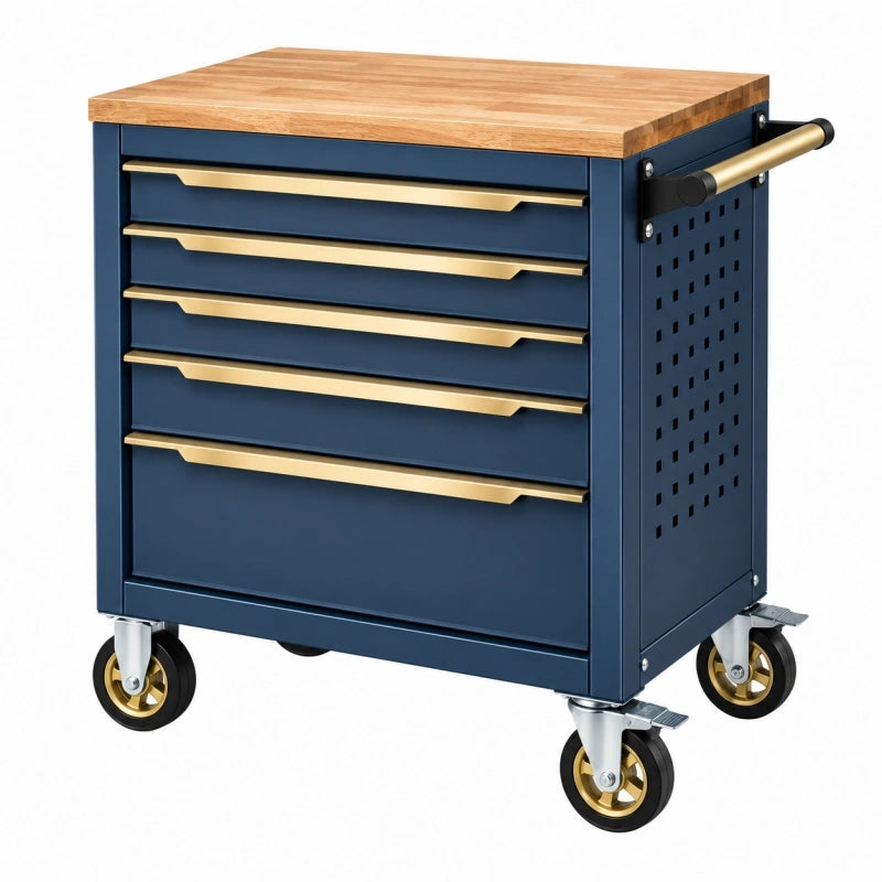 Mobiler Werkzeugwagen 77x46x96 cm aus dunkelblauem Stahl mit Holzarbeitsplatte