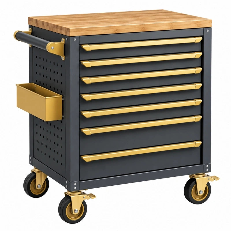 Werkstattwagen 80 x 45 x 95 cm aus Stahl in Schwarz Gold mit Bambus-Arbeitsplatte und 7 Schubladen