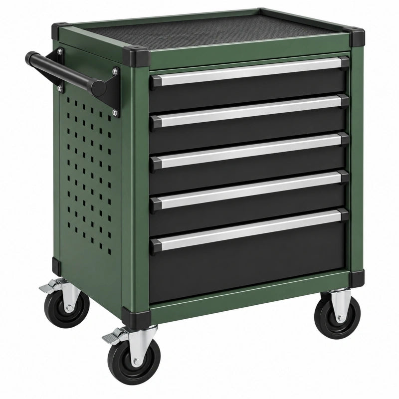 Werkstattwagen 77 x 46 x 95 cm aus Stahl Grün Schwarz mit 5 Schubladen und Rollen
